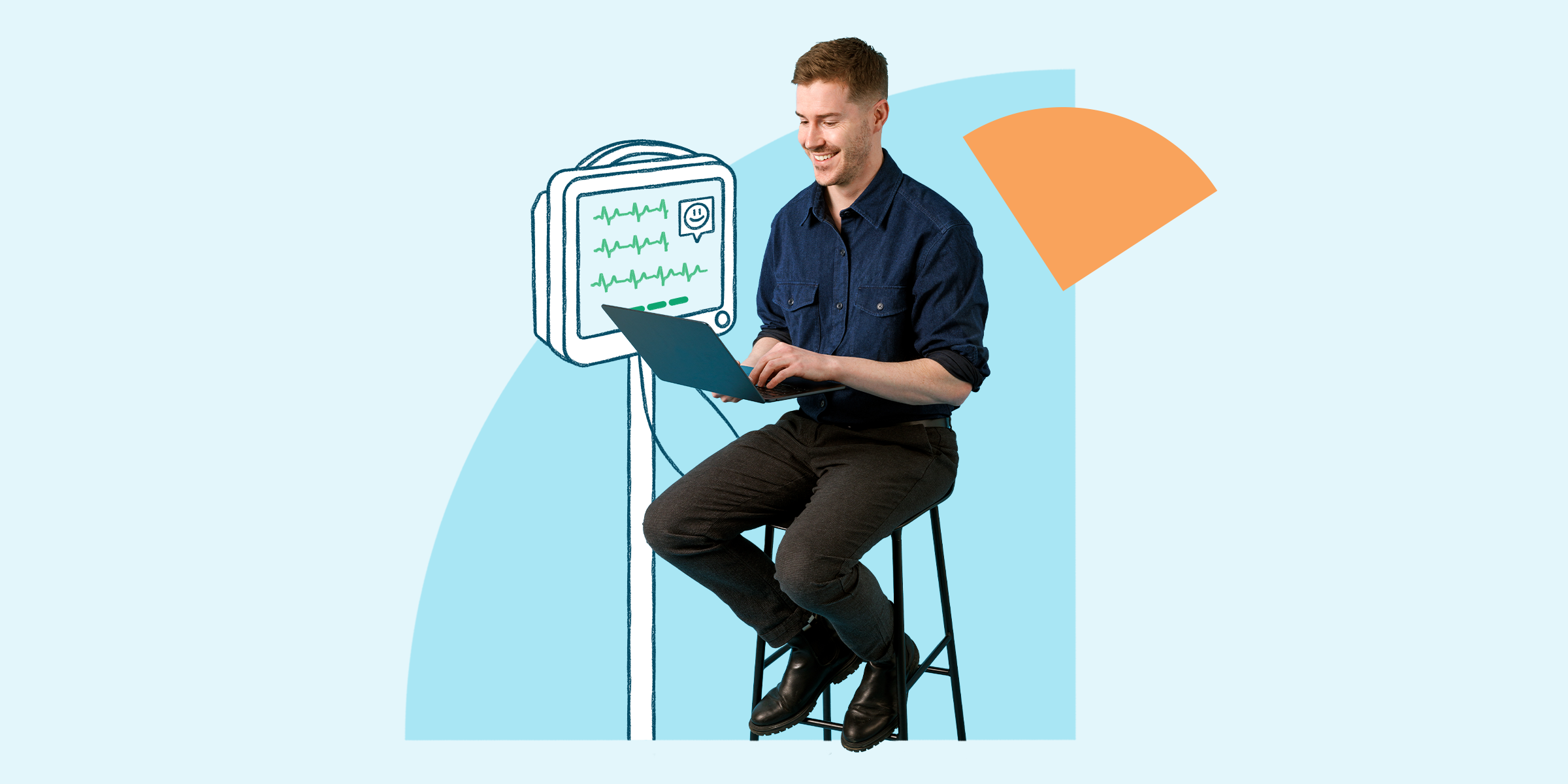 Person sitting on stool holding a laptop with heart monitor attached