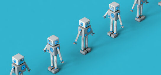 a row of robots on a blue background