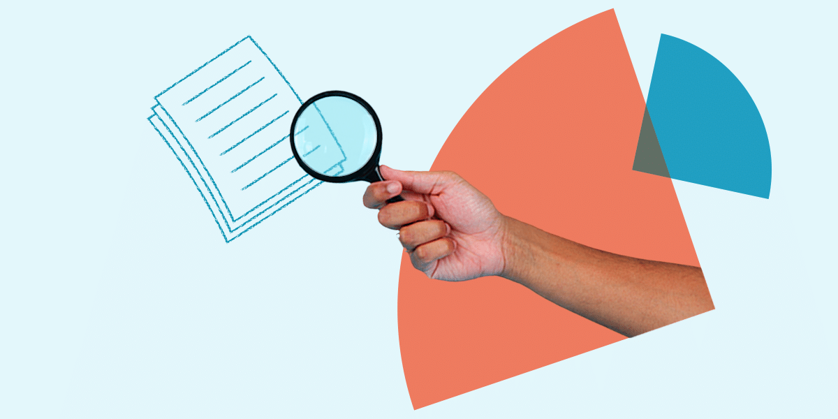 "A hand holding a magnifying glass is depicted against a light blue background with abstract shapes in orange and blue. The magnifying glass is focused on a stack of sketched documents, symbolizing a closer examination or investigation of information. The image conveys the concept of searching through or analyzing a knowledge base or collection of documents.