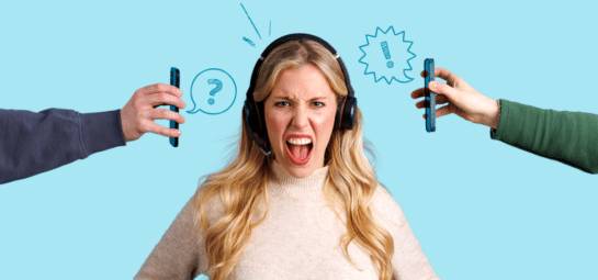 A frustrated woman with long blonde hair wearing a headset is depicted against a light blue background. She is yelling, with her mouth wide open and eyes squinted in anger. Two hands, one on each side of her, are holding smartphones close to her face. The smartphone on the left has a speech bubble with a question mark, and the one on the right has a speech bubble with an exclamation mark. The image conveys a sense of stress and frustration, likely related to customer service or tech support.