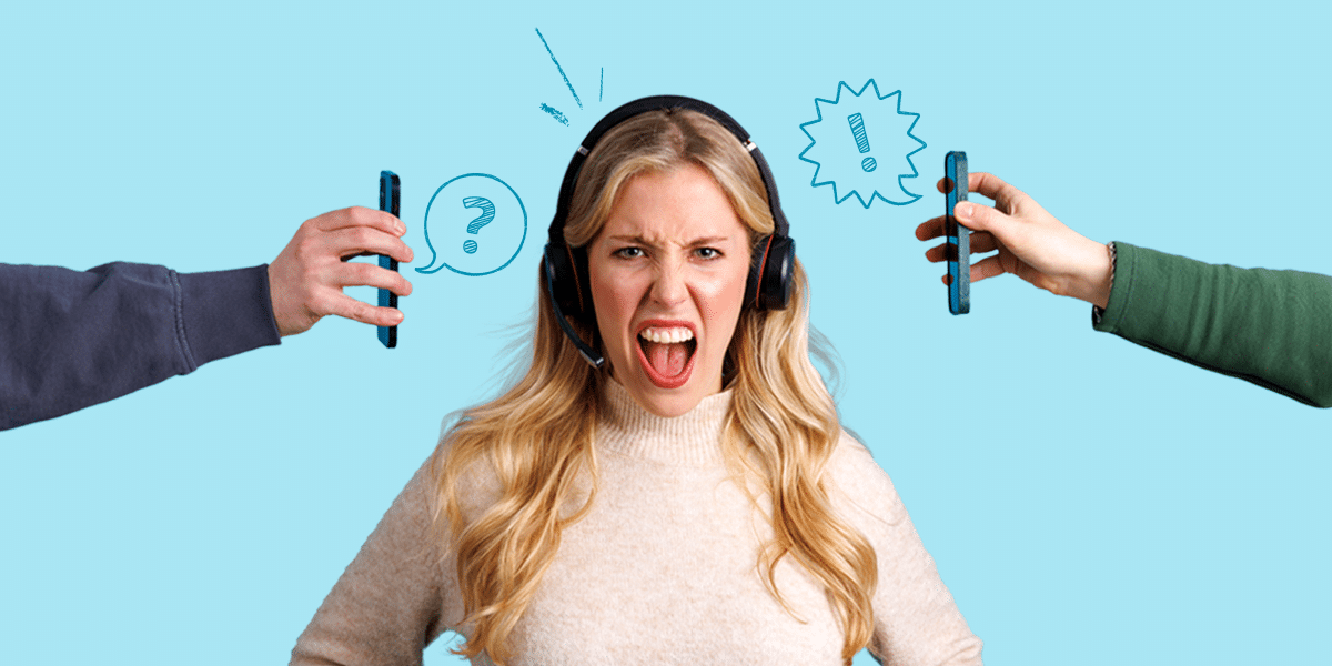 A frustrated woman with long blonde hair wearing a headset is depicted against a light blue background. She is yelling, with her mouth wide open and eyes squinted in anger. Two hands, one on each side of her, are holding smartphones close to her face. The smartphone on the left has a speech bubble with a question mark, and the one on the right has a speech bubble with an exclamation mark. The image conveys a sense of stress and frustration, likely related to customer service or tech support.